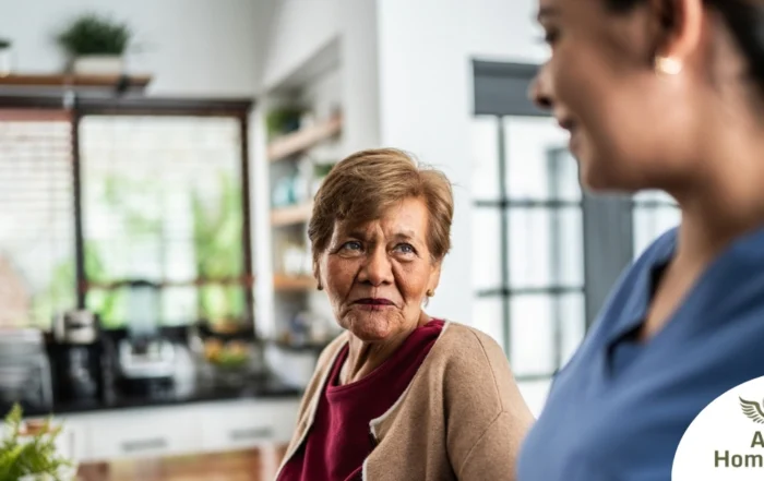 Caregiver provides attentive senior care as part of diabetes awareness