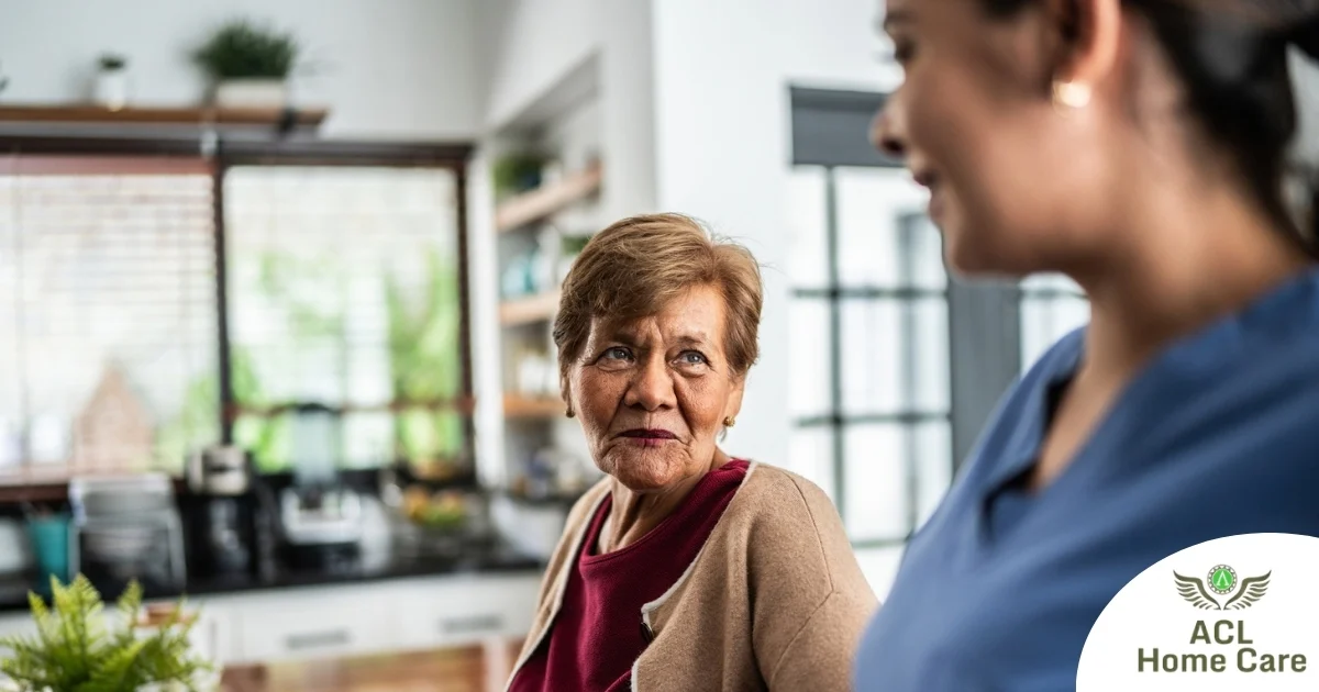 Caregiver provides attentive senior care as part of diabetes awareness