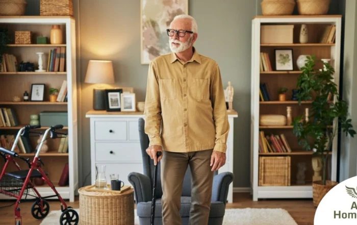Exploring fall prevention for seniors — an elderly man stands in a safely arranged room.