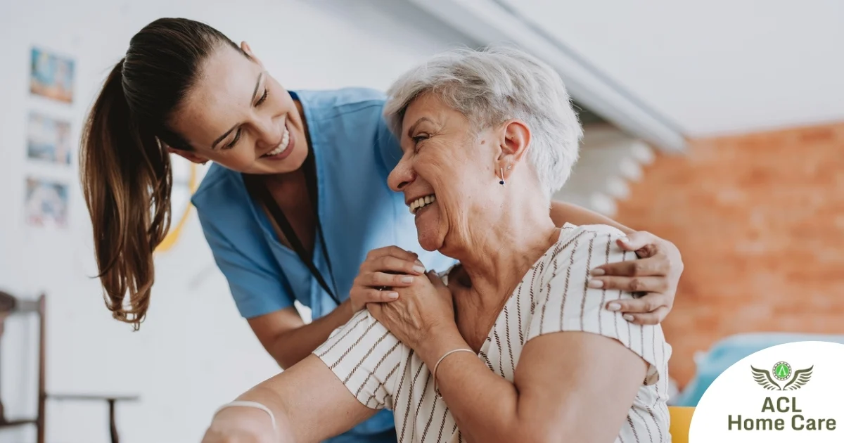 A female caregiver helping an older woman with stroke recovery at home.