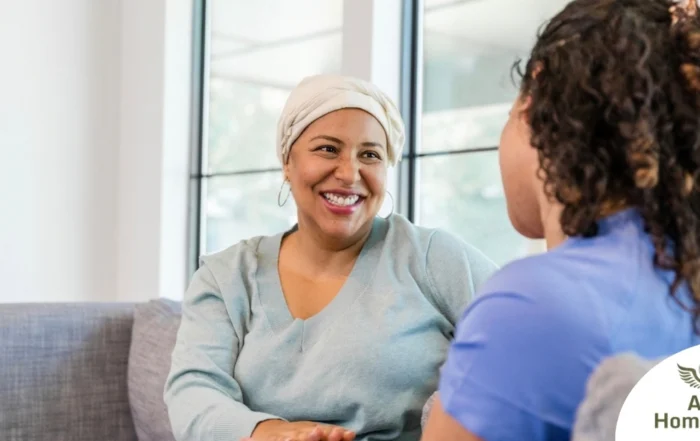 Senior woman benefiting from home care during cancer treatment.