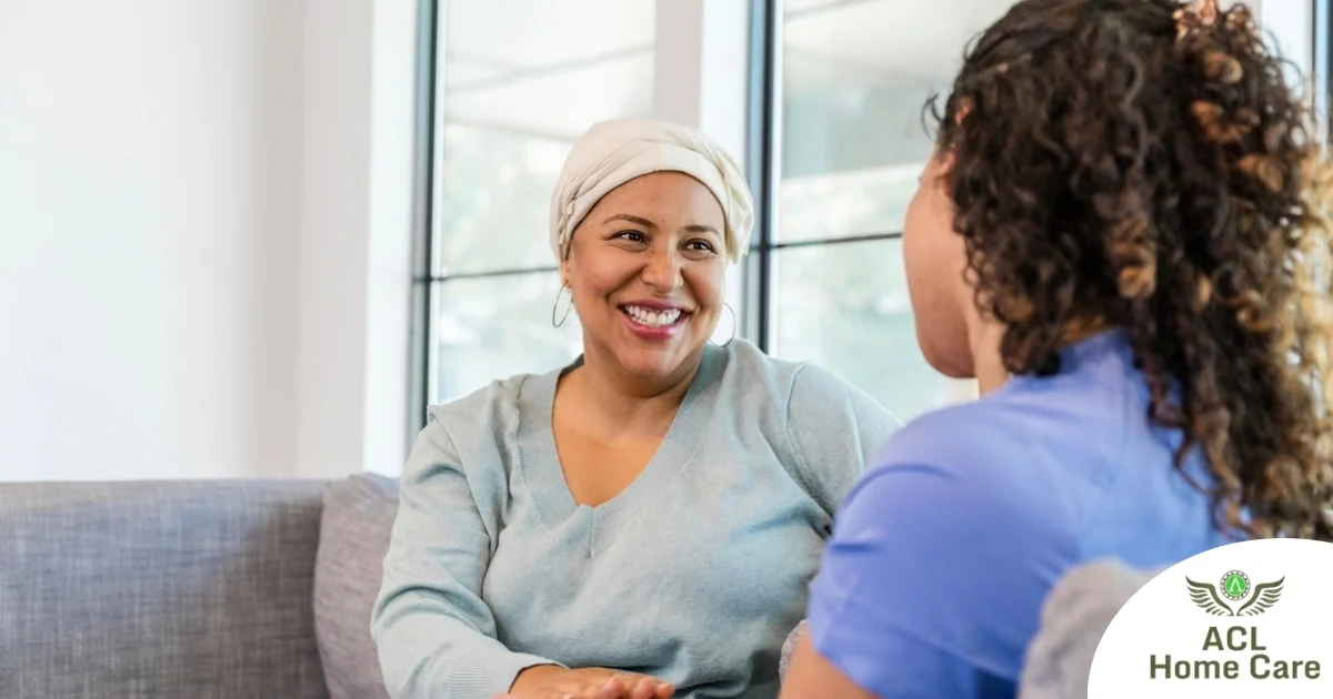 Senior woman benefiting from home care during cancer treatment.
